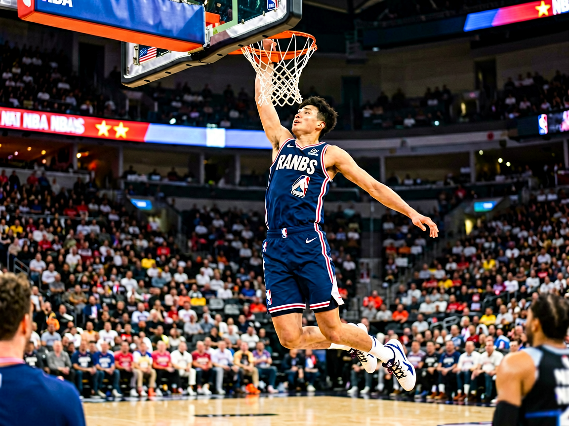 NBA篮球比赛精彩瞬间，球员腾空扣篮展现运动魅力